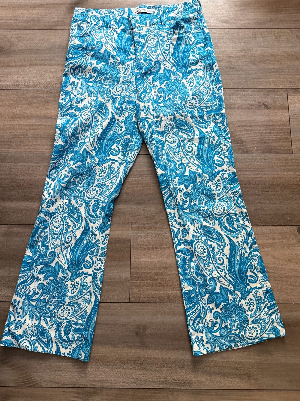 Zara Blue & White Paisley Wide-Leg Jeans